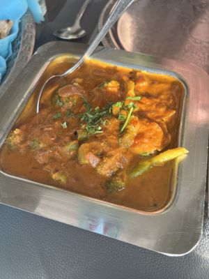 Brokkoli, potatoes in an amazingly spiced coconut gravy  at Mahek in Mahe