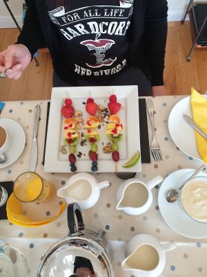 Fruit skewers before the ‚main‘ at Stonewater House Vegan B&B in Isle Of Arran