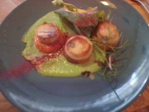 King oyster scallops with sweet potato and pea puree at Eat Your Greens in Bristol