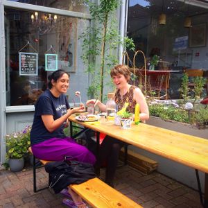 Waffles in the sunshine at Eat Your Greens in Bristol