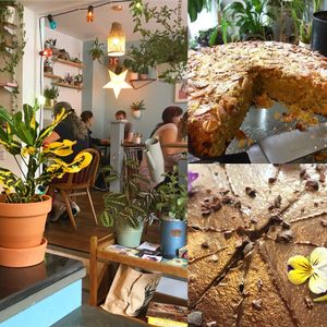 Inside and a couple of the cakes available  at Eat Your Greens in Bristol