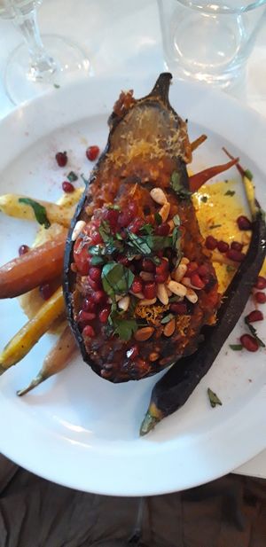 Pomodorini stuffed aubergine at Eat Your Greens in Bristol