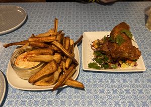 Parsley root fries. and satay tempeh at Eat Your Greens in Bristol