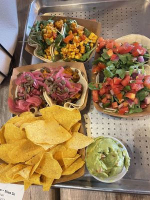 Vegan chorizo (top), black bean falafel (right), and curried sweet potato (bottom)  at Screaming Goat in Sarasota