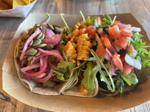 Led to right Curried sweet potato, vegan chorizo and Latin falafel   at Screaming Goat in Sarasota