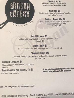 Ask for the vegan menu at Artisan Eatery in Fort Myers