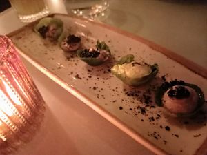 Brussel leaf, smoked cashew cream and house made kombu caviar. at No Bones in Byron Bay