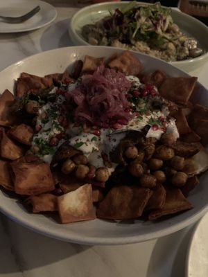 EGGPLANT FATTEH / chickpeas, tahini yoghurt, sumac onions, pine nuts, pomegranate, coriander  at No Bones in Byron Bay