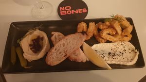 Tasting menu- pate & vegan calamari at No Bones in Byron Bay