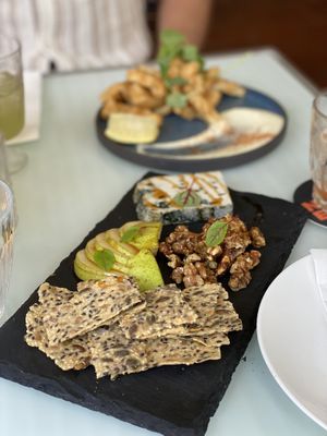 Vegan blue cheese, with vegan honey, pear, crackers and walnuts.   at No Bones in Byron Bay