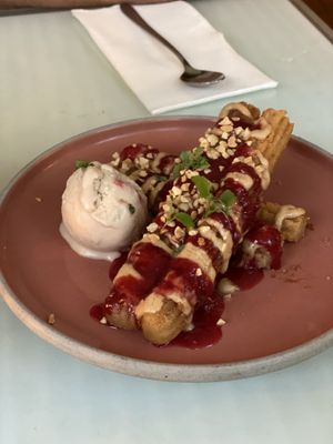 PB&J Churros. We replaced the peanut ice cream with hazelnut because there is already peanut cream on the churros.   at No Bones in Byron Bay