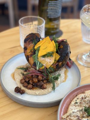 The hummus with the harissa pumpkin was amazing!  at No Bones in Byron Bay