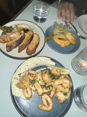 Calamari, pate and zucchini flowers   at No Bones in Byron Bay