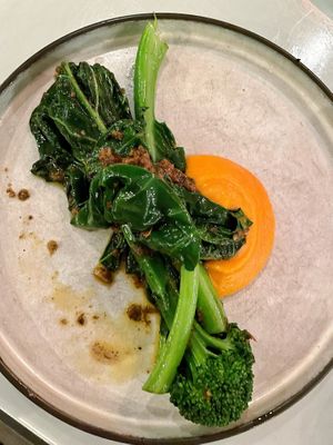 Broccolini and greens with pumpkin puree  at No Bones in Byron Bay