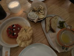 Watermelon tartare, calamari, pate  at No Bones in Byron Bay