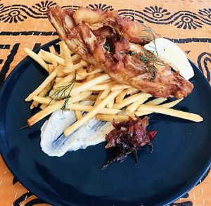 A special of ‘fish’ and chips so not always on the menu  at No Bones in Byron Bay