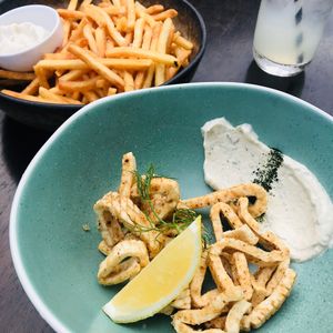 ‘Calamari’ and tasty chips  at No Bones in Byron Bay