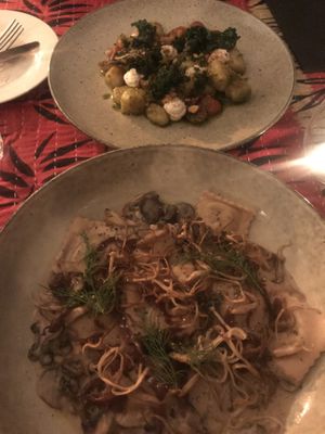 Mushroom ravioli, gnocchi with macadamia pesto at No Bones in Byron Bay