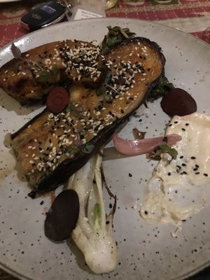 Eggplant and bok choy with wild rice hiding underneath:) at No Bones in Byron Bay