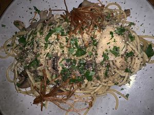Mushroom spaghetti with enoki at No Bones in Byron Bay