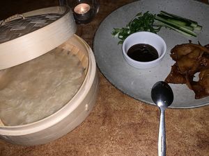 Duk hoisin pancakes  at No Bones in Byron Bay