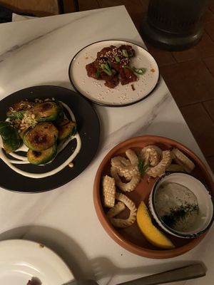 Calamari and Brussel sprouts at No Bones in Byron Bay
