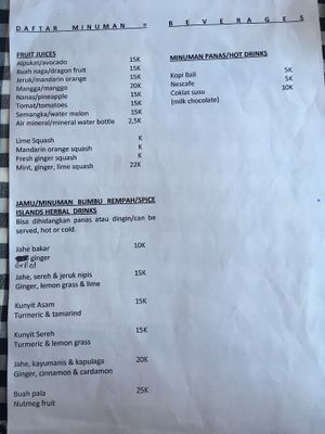 menu drinks 13/05/2018 at Warung Sripadi in Tampaksiring