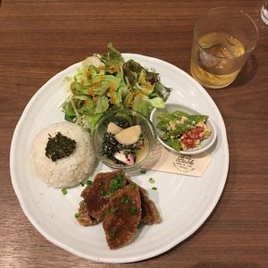 The dinner set meal plus a plum wine and soda drink.  at Cafe Bask in Tokyo