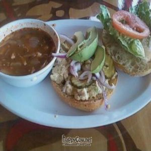 garbanzo sandwich with pozole soup at Pure Luck in Los Angeles