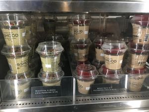 Vegan fridge items at Dr Smood - Soho in New York City