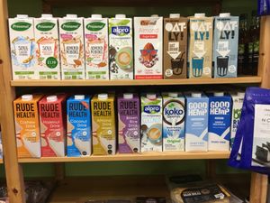 Milk alternatives at Cracked Wheat Organics in Welshpool