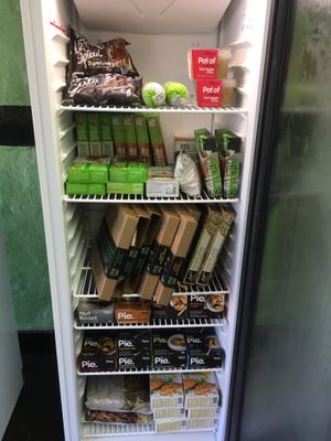 Vegan pizzas by One Planet, Fry’s meat alternatives, Clive’s pies and Oumph! at Cracked Wheat Organics in Welshpool