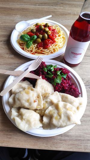 Spaghettis and bellow pierogis.  at Soczysta Strawa in Lublin
