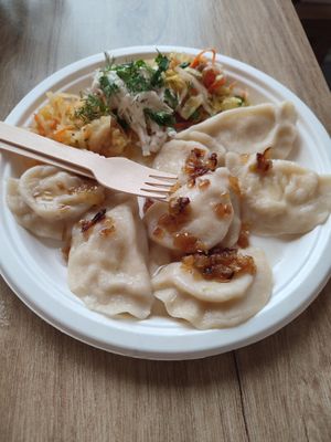 Vegetarian potato pierogi at Soczysta Strawa in Lublin