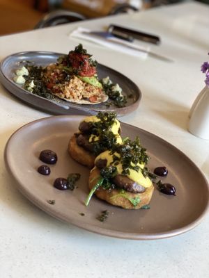 Mushroom Benedict and the Avocado Tacos! So delicious!! at Cafe Miro in Christchurch
