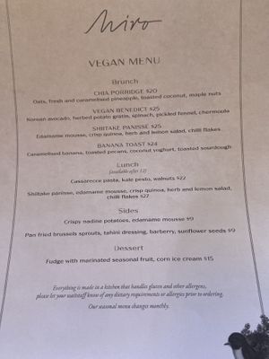 Menu  at Cafe Miro in Christchurch