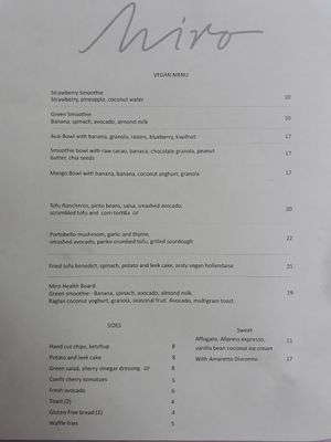 Vegan menu at Cafe Miro in Christchurch