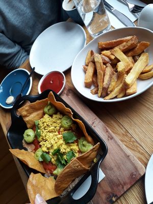 Handcut chips and tofu rancheros at Cafe Miro in Christchurch
