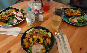 Lentil and pumpkin crumble (L+R), Roast vegetable salad (centre) at Itsy Bitsy in Lille
