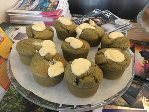 matcha and white chocolate muffins at Herbosaurus in Rennes