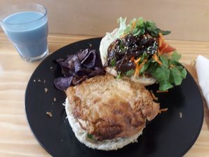 Vegan burger with blue milk at Herbosaurus in Rennes