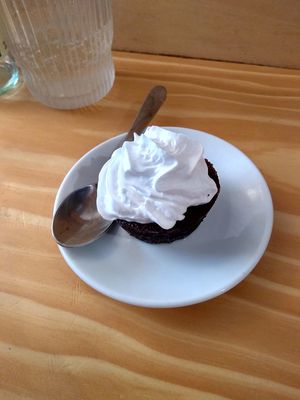 Chocolate fondant with whipped cream at Herbosaurus in Rennes