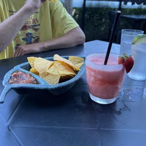 Strawberry Daiquiri and complementary chips and salsa   at Baby Salsa Mexican Restaurant in Nanaimo