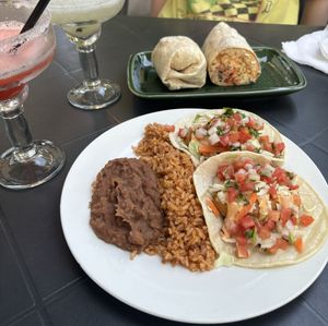 Del Rio burrito, Fishless Tacos with rice and beans, strawberry and lime margaritas  at Baby Salsa Mexican Restaurant in Nanaimo