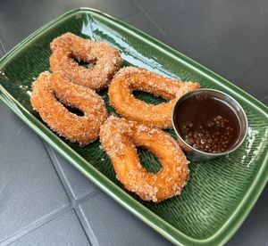 Vegan churros with chocolate sauce at Baby Salsa Mexican Restaurant in Nanaimo