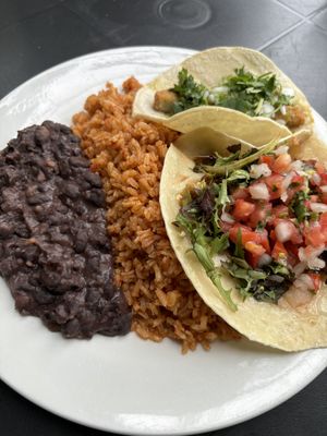 Vegan tacos with rice and black beans  at Baby Salsa Mexican Restaurant in Nanaimo
