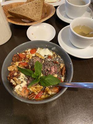 Yoghurt bowl with oat balls  at Greenwoods in Amsterdam