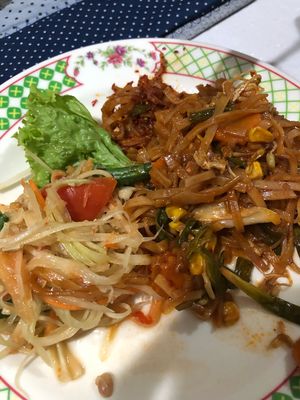 1/3 of one serve of papaya salad and pad thai. Generous portions for sure at Nara Thai Cuisine in Colombo