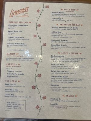 Food menu  at Linnaea's Cafe in San Luis Obispo