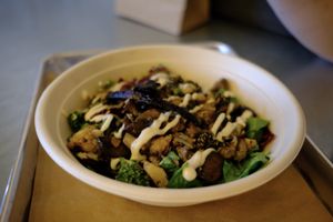 Mushroom burger on greens at Shouk - Union Market in Washington